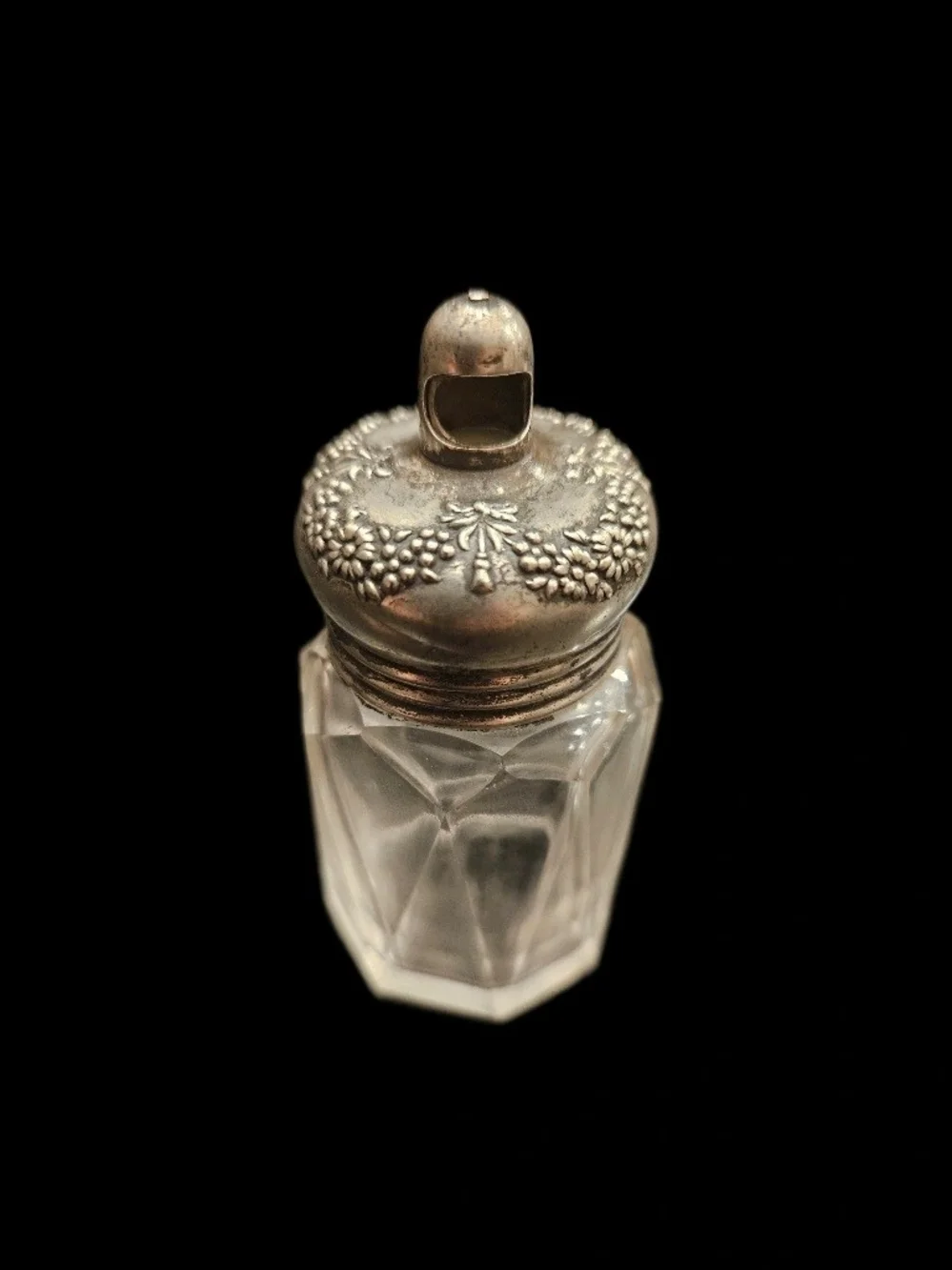 Antique La Pierre Sterling Silver Cut Glass Powder Jar Floral Repousse Lid 3